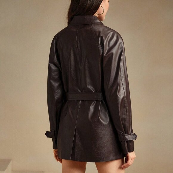 Brown Preppy Women's PU Leather Belted Slim Fit Long Jacket - Picture 2 of 5